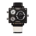 Men's oversized square dial quartz watch with three-eye design and canvas strap - Black