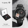 Set orologio al quarzo da uomo TOMI con cinturino in pelle nera e scatola regalo di lusso - Stile (T103-1) / Nero