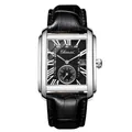 Reloj de cuarzo cuadrado clásico para hombre con correa de cuero negro efecto cocodrilo - Caja plateada esfera negra con correa de cuero negro (CX-8216 calendario)
