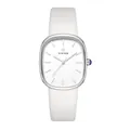 Elegant lady's quartz watch featuring cushion-shaped silver case and white leather strap. - Silver Case White Dial White Strap