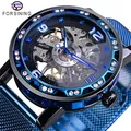 Reloj mecánico esqueleto Forsining para hombre con correa de malla azul y cristales - Correa Azul Esfera Azul