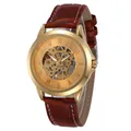 Klassische automatische Skelettuhr für Herren mit braunem Lederarmband in Krokostil - Skelett Römische Zahlen Stil / Goldenes Zifferblatt Goldgehäuse Braunes Armband