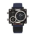 Mens oversized square dial quartz sports watch with blue canvas strap and triple dials - Blue