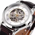 Klassische Herren Automatik Skelettuhr mit braunem Lederarmband und silbernem Gehäuse. - Business-Skelett-Stil / Silbergehäuse Braunes Armband