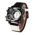 Men's square quartz watch with large three-eye dial and black white canvas strap - White