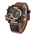 Oulm men's square multi-dial sports quartz watch featuring a brown canvas leather strap - Coffee