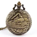 Antique bronze train pocket watch necklace with locomotive relief carving for men and women - Steam Train Relief (p07) / Bronze