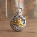 Vintage quartz pocket watch necklace with golden steam engine design and silver ornate case - Hollow Train Pattern (p07) / Hollow Gold Tone