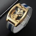 Detailed close-up of a men's gold automatic mechanical skeleton watch with mesh strap - Gold Case Gold Movement Silver Blue Band Style (shenhua)