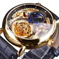 Close-up of Forsining men's skeleton watch with intricate gold engraving. - Black Strap Black Dial Gold Case