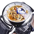 Detailed view of Forsining men's skeleton automatic watch with moon phase and leather strap - Black Strap White Dial Silver Case