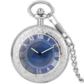 Silberne Vintage Taschenuhr mit graviertem Gehäuse, blauem Zifferblatt und römischen Ziffern - Silber Blaues Zifferblatt Automatik (PM594)