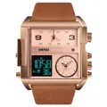 SKMEI multi-functional quartz watch for men with rose gold rectangular case and brown strap - Rose Gold Case Brown Strap