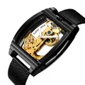 Stylish men's automatic mechanical skeleton watch with black mesh strap and gold movement - Black Case Gold Movement Black Band Style (shenhua)