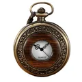 Elegant vintage bronze flip pocket watch featuring wood grain inlay and precision quartz movement - Retro Wood Ring Hollow Pocket Watch (P523) / Bronze