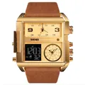 SKMEI luxury gold square multifunctional men's quartz watch with brown leather strap - Gold Case Brown Strap