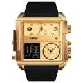 SKMEI men's multi-functional quartz watch with gold square case and black strap - Gold Case Black Strap