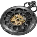 Nahaufnahme von mechanischen Zahnrädern und Blumenmustern auf einer Taschenuhr aus Metall - Hohl Klapp Stil / Schwarze Schale Weißes Zifferblatt