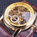 Reloj mecánico automático de esqueleto Forsining para hombre con correa de cuero marrón de moda - Correa Marrón Caja Dorada Esfera Dorada