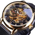 Forsining Skelett-Mechanikuhr für Herren mit goldenem Gehäuse und schwarzem Netzband - Goldgehäuse Schwarz Zifferblatt Schwarz Armband