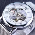 Forsining mechanische Skelettuhr für Herren mit luxuriösem silbernem Mesh-Armband - Silbernes Gehäuse Weißes Zifferblatt