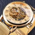 Luxuriöse goldene Forsining Skelett Mechanikuhr für Herren mit stilvollem Mesh-Metallband - Goldenes Gehäuse Goldenes Zifferblatt