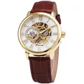 Klassische Skelett-Mechanikuhr für Herren mit braunem Lederarmband und Goldgehäuse - Goldenes Gehäuse Weißes Zifferblatt Braunes Armband