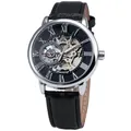 Klassische Herren-Skelett-Automatik-Mechanikuhr mit echtem schwarzem Lederarmband - Silbergehäuse Schwarz Zifferblatt Schwarz Armband