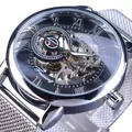 Forsining Herren-Skelettuhr mechanisch mit einem silbernen Edelstahl-Mesh-Armband - Silbergehäuse Schwarzes Zifferblatt