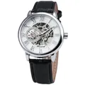 Vintage-Skelettuhr für Herren mit schwarzem Lederarmband und silbernem Gehäuse - Silbernes Gehäuse Weißes Zifferblatt Schwarzes Armband