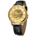 Montre mécanique squelette dorée vintage pour homme avec bracelet en cuir noir de luxe - Boîtier Doré Cadran Doré Bracelet Noir
