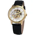 Montre mécanique squelette rétro Forsining pour homme avec bracelet en cuir noir - Boîtier Doré Cadran Blanc Bracelet Noir