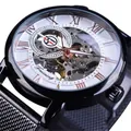 Luxuriöse Forsining Skelett Automatik mechanische Herrenuhr mit schwarzem Edelstahl-Mesh-Armband - Schwarzes Gehäuse Weißes Zifferblatt
