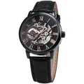 Montre mécanique squelette vintage pour homme avec bracelet en cuir noir et chiffres romains en or rose - Boîtier Noir Cadran Noir Chiffres Or Rose