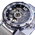 Forsining Herren Skelett Mechanikuhr mit Diamant-Lünette und Silber-Mesh-Armband - Silber Schwarzes Zifferblatt
