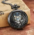 Vintage black mechanical pocket watch featuring heart hollow wing flip cover design - Heart Wings Hollow Style (PM149) / Black