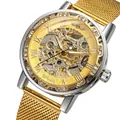 Luxuriöse Skelett-Mechanikuhr für Herren mit goldfarbenem Milanaise-Armband und Strass - Goldarmband Silbernes Gehäuse Goldenes Zifferblatt