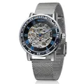Winner Skelett-Mechanikuhr für Herren mit Strass-Lünette und silbernem Netzband - Silber-Blaue Innenhülle Silber-Schwarzes Zifferblatt