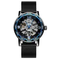 Forsining Herren Skelettuhr Mechanisch mit schwarzem Netzarmband und blauen Akzenten - Schwarzes Band Blaues Gehäuse Schwarzes Zifferblatt