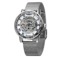 Luxuriöse silberne mechanische Skelettuhr mit Strass-Lünette und Milanaise-Armband - Silberarmband Silbernes Gehäuse Blaues Zifferblatt