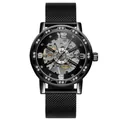 FORSINING Herren-Skelettuhr mit schwarzem Mesh-Armband und funkelnden Strasssteinen - Schwarzes Band Schwarzes Gehäuse Schwarzes Zifferblatt