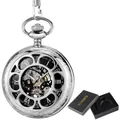 Vintage mechanische Taschenuhr in Silber mit Skelett-Zifferblatt und Geschenkbox - Hohl Klapp Stil / Silber (PM238)