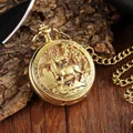 Retro mechanische Taschenuhr in Gold mit hohl geschnitztem Hirschdesign und Kette - Gold Hohl Geschnitzter Stil (PM076)