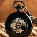 Mechanische Taschenuhr in Schwarz poliert mit goldenem Skelett-Uhrwerk und Kette - Schwarz Glatt Automatik (PM579)