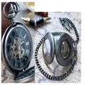 Klassische mechanische Taschenuhr aus Bronze mit Skelett-Zifferblatt und Kette - Antik Bronze Auto Skelett Muster (PM241)