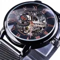 Forsining Herren Skelett-Automatikuhr mit schwarzem Mesh-Armband aus Edelstahl - Schwarzes Gehäuse Schwarzes Zifferblatt Roségoldene Ziffern