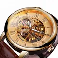 Montre mécanique squelette vintage pour homme, cadran doré, bracelet en cuir brun - Boîtier Or Cadran Or Bracelet Marron