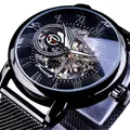 Forsining Luxus-Skelett mechanische Herrenuhr mit schwarzem Edelstahl-Mesh-Armband für Herren - Schwarzes Gehäuse Schwarzes Zifferblatt Silberne Skala