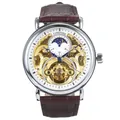 Forsining men's automatic mechanical skeleton watch with moon phase and brown leather strap - Brown Strap White Dial Silver Case