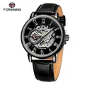 Montre mécanique squelette vintage Forsining pour hommes avec bracelet en cuir noir - Bracelet Noir Boîtier Noir Cadran Noir Mouvement Argent